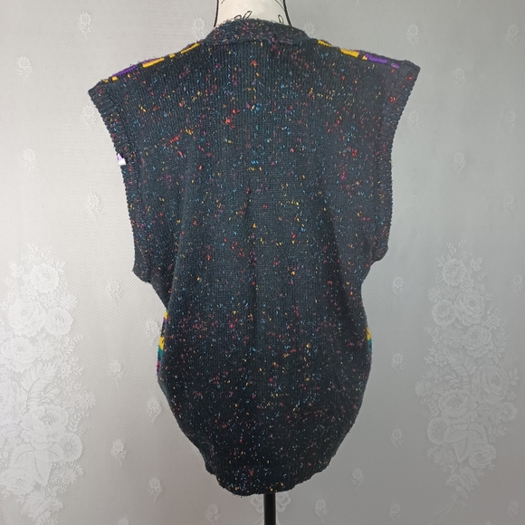 Vintage Black Colorful Pattern Marled Sweater Vest 1X - Picture 6 of 9